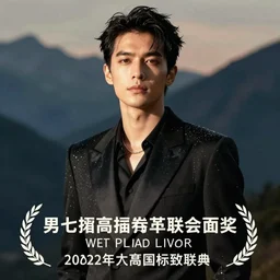 wet plate photography asian man in black suit, mountain background