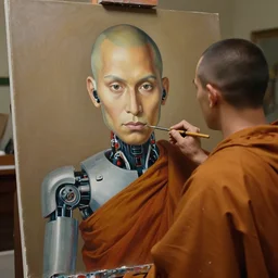 robot monk painting a self - portrait on a canvas. intricate, highly detailed, photorealistic, film still, by christopher doyle.