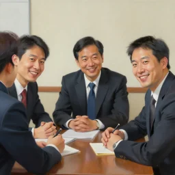 hyperrealistic painting image where 3 happy businessmen appear in a business meeting