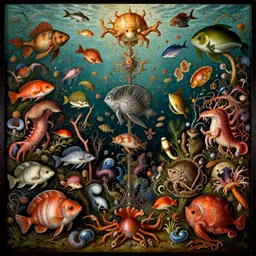 thriving marine life in the style of heironymus bosch, beautiful intricate masterpiece, hyper detailed, hd