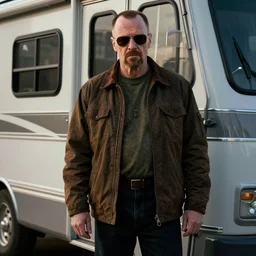 John candy as heisenberg, full shot, standing outside an rv, realistic, hyperrealistic, highly detailed, very detailed, 8k resolution, real life, HD quality, dramatic, city quality lighting