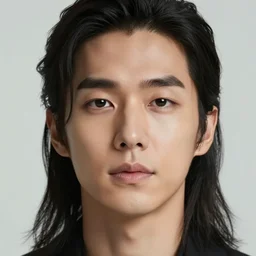 realistic portrait of a handsome Korean man, neutral expression, closeup, long hair, 4k