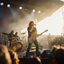 photograph led zeppelin performing in a stage at the atacama desert by mark owen. kodak portra film!!. whirl bokeh!. mamiya 7. highly detailed. hq. photoreal. golden hour. lens flare. in - frame