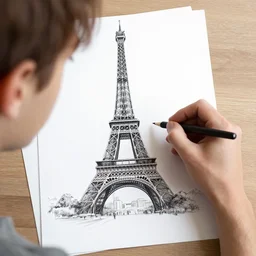 a french guy drawing a picture of eiffle tower 8 k