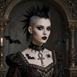 a beautiful portrait of a beautiful goth beautiful girl with piercings in a collar with a mohawk hairstyle in a medieval dress, ankh, spider, bat, pentagram, witch, true goth, makeup. behance hd, oliver mark, global illumination, detailed and intricate environment