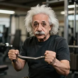 a portrait of albert einstein working out at the gym, highly detailed, trending on artstation, bokeh, 9 0 mm, f / 1. 4