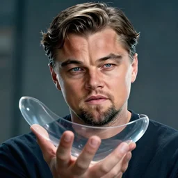 unbelievably epic cinematic 8 k hd movie shot of close - up of leonardo dicaprio holding innovative design of transparent plastic food box packaging. by a pro commercial movie director. motion, vfx, inspirational arthouse, wlop, great composition, artstation, gradient colors