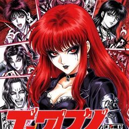 highly detailed professional 9 0 s seinen anime art of badass goth woman with red hair, black makeup, and red eyes. chunibyo. horror action manga cover promotional art. detailed and intricate environment. drawn by ilya kuvshinov and painted by zdzislaw beksinski