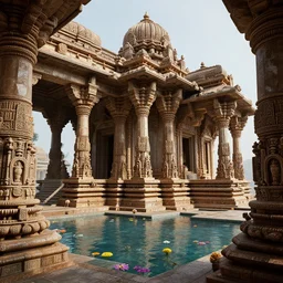 4 k unreal engine render of an ancient never seen before indian high detail temple. complex architecture with intricate pilars. high detailed water. flowers