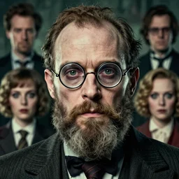 highly detailed portrait of jermaine clement in wire frame round glasses and beard, cursed, 1 9 5 0's, scruffy man, magnificent, photographic realistic background, by james gilleard, by joe fenton, by kaethe butcher, trending on instagram, award winning details