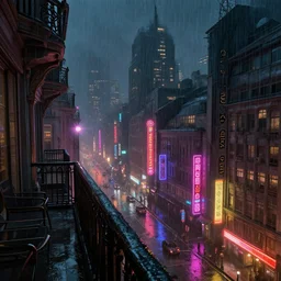 a balcony view into a brutalism blade runner looking city street, neon lights, lens flare, scale, night life, heavy rain, deep focus, d & d, fantasy, intricate, elegant, highly detailed, digital painting, artstation, concept art, matte, sharp focus, illustration, art by artgerm and greg rutkowski and alphonse mucha