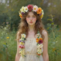 a girl wearing a garland of flowers standing in the garden, beautiful, oil painting, artstation, soft light, highly detailed, sharp focus, by sophie anderson