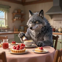 cute handsome cuddly burly surly relaxed calm timid werewolf from van helsing sitting down at the breakfast table in the kitchen of a normal country home cooking having fun lighthearted whimsy whimsical baking strawberry tart cakes unreal engine hyperreallistic render 8k character concept art masterpiece screenshot from the video game the Elder Scrolls V: Skyrim