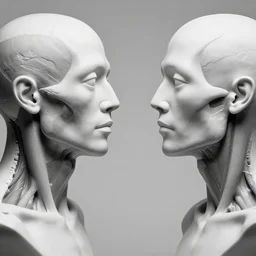 1 9 2 0 s black and white photo of body worlds busts looking at each other, facial anatomy, close up