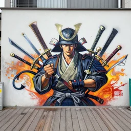 graffiti mural, a samurai showing off a collection of weapons, located on a boardwalk in tokyo japan, by frank frazetta, yoji shinkawa, james jean, banksy, beeple, stik, jeff koons, takashi murakami, gary baseman, jim lee, ryan ottley, quentin tarantino film, a 1 one, shepard fairey
