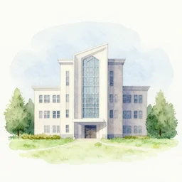 a building in a landscape, simple watercolor
