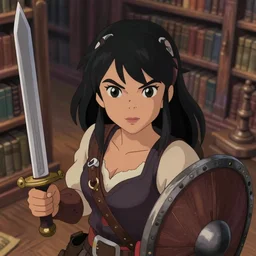 animation still frame of an attractive female pirate ( short black hair ) holding a sword and a wooden shield, high angle closeup portrait, blurry background of the library, disney, pixar, bloom, medium shot, dramatic lighting, in the style of studio ghibli, j. c. leyendecker, greg rutkowski, artgerm