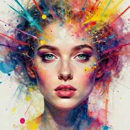 portrait exploding in color pieces, beautiful face and eyes, rule of thirds, face symmetry, colourful spray paint splatters, expressive, abstract art, by greg rutkowski, by jeremy mann, by francoise nielly, 4 k, 8 k, correct body proportion, cinematic style