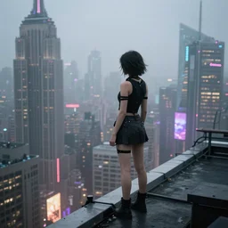 “ girl standing on a roof looking down at a foggy futuristic new york city below, ghostpunk, cyberpunk, very detailed, by daniel gerhartz ”