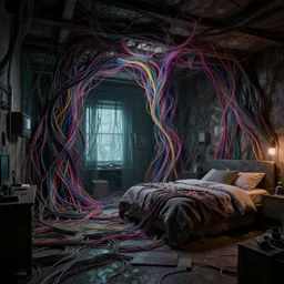 rgb wires, basement, cinematic, movie scene, inspired by zdzislaw beksinski, veins,, cables everywhere, bedroom, ultra realistic, concept art, intricate details, highly detailed, photorealistic, octane render, 8 k
