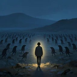 a person arriving at a blue valley, dramatic light on the person, landscape with hundreds of dark creatures, romantic painting, 8 k