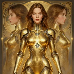 symmetry!! portrait of young carrie fisher, gold sci - fi armour, tech wear, glowing lights!! sci - fi, intricate, elegant, highly detailed, digital painting, artstation, concept art, smooth, sharp focus, illustration, art by artgerm and greg rutkowski and alphonse mucha