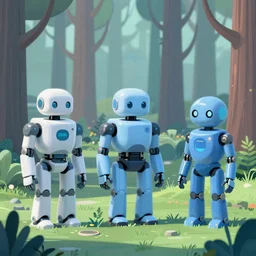 A dystopian futuristic forest landscape with robots with different hues of blue and green and orange