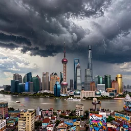 long exposure photograph of severe weather storms above an beautiful orwellian city, shanghai, detailed textures, hyper realistic, vibrant colors, cinematic lighting, graffiti art style, climate change, digital art painting by greg rutkowski and ridley scott, cinematic, concept art, 3 5 mm grain filter, artstation