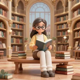 girl in glasses with a book in big hall, full body, sit on table with books, magic library, fantasy, intricate, elegant, highly detailed, digital painting, artstation, concept art, matte, sharp focus, illustration, hearthstone, art by artgerm and greg rutkowski and alphonse mucha