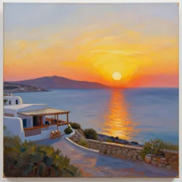 an oil painting of a beautiful sunset overlooking the mediterranean from buddha bar in mykonos, background of millions of normal curves