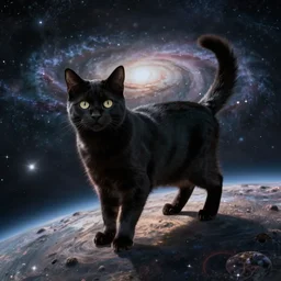ultrarealistic black cat, standing on a planet, galaxies background, powerful