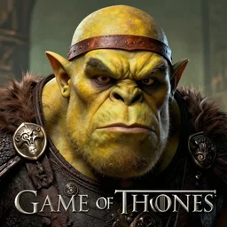 still from game of thrones of a huge ogre, bald, leather cap, yellow skin, portayed by elon musk, d & d, high fantasy, by donato giancola, facial detail, extremely detailed, comic book cover photo