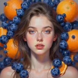 perfectly centered portrait of a beautiful woman, blueberries and oranges, complex, highly detailed digital painting, artstation, concept art, smooth, clear focus, illustration, realism, oil painting, unreal engine 5, 8 k, works by artgerm, dave raposa and sam spratt