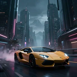 epic digital art of photorealistic synthwave lamborghini driving through futuristic dark cyberpunk city towers with neon edges, faint tall mountains in background, wlop, pixiv,