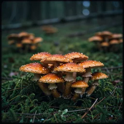 an old photography of a dark green forest full of orange mushrooms