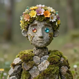 a man who is made of rocks and moss and stone with flowers for hair and gems for eyes