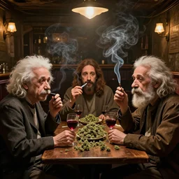 jesus christ, albert einstein, darwin, meeting on a table, smoking weed, drinking wine, drunk, background is a nice cozy empty pub in the afterlife, photorealism, volumetric lightening, smoke, octane render, hyperdetailed, beautiful, art, by alphonse mucha