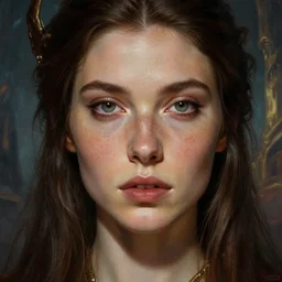 dungeons and dragons female sorceress character closeup portrait, dramatic light, epic background, 2 0 0 mm focal length, painted by stanley lau, painted by greg rutkowski, painted by stanley artgerm, high detail, real life skin, freckles, 8 k, stunning detail, works by artgerm, greg rutkowski and alphonse mucha, unreal engine 5, 4 k uhd, digital art, trending on artstation