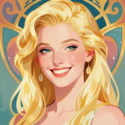 blonde, art nouveau, happy, portrait, colorful, smiling, bright, clever, flat colors. champagne