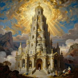 baroque oil painting of : the elaborate ornate “ tower of babel ” is extremely tall and rises high above the mountains and the clouds all the way to heaven with golden rays of sunlight. photorealistic historical art with many small details ; heavenly ; majestic ; glorious ; beautiful.