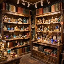 inside an old magical shop, magic items on shelves, books, beautiful labels, fantasy vendor interior, wide angle, highly detailed, rich bright colors, trending on artstation