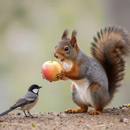A squirrel gives an apple to a bird