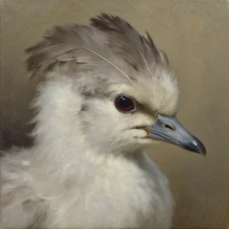 a head covered in feathers, oil on canvas