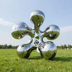 chrome blob sculpture in meadow prairie, kinetic art, biomorphic, made of liquid metal, polycount, physically based rendering, ultrawide