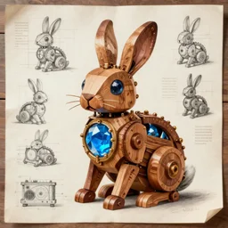 mechanical rabbit with a blue crystal inside it's chest, steampunk design, made of woods, by Leonardo da Vinci, drawn projects on paper, instructions to build it, recolorized