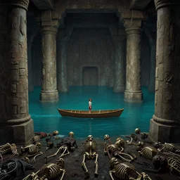 underground city : : focal point only one woman in one boat alone : : by wes anderson : : floating on the river styx : : frank miller : : enormous monolithic carved pillars : : surrounded by zombies skeletons laying below, style by simon bisley, ismail inceoglu, wadim kashin, filip hodas, benedick bana, and andrew atroshenko