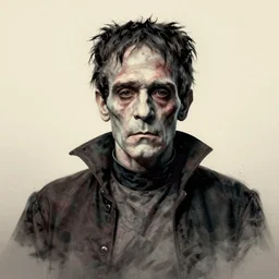 centered detailed portrait of frankenstein ( 1 8 8 0 ), scarred, pale flaky skin, robes, art by jean giraud and moebius, grimy texture, realistic, expressive emotions, cream and gre gradient