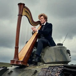 peter capaldi doctor who playing an harp guitar on top of a tank
