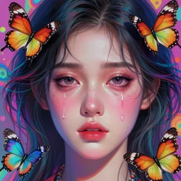 beautiful, young woman, detailed gorgeous face, sad eyes, crying, vaporwave aesthetic, synthwave, colorful, psychedelic, butterflies, birds, digital painting, artstation, concept art, smooth, extremely sharp detail, finely tuned detail, ultra high definition, 8 k, unreal engine 5, ultra sharp focus, illustration, art by artgerm and greg rutkowski and alphonse mucha