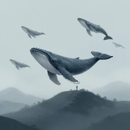 a foggy hill, whales flying in the sky, digital illustration